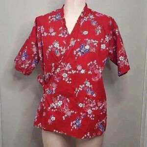Ichiban Vintage Rare Red‎ Floral Double Tie Shirt Size Large Made in Japan